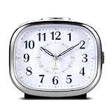 Non Ticking Desk Alarm Clock, BonyTek Analog Quartz Alarm Clock with Analog Mechanical Bell Alarm Chord Music Alarm Snooze Silent Nightlight, Battery Powered (White)