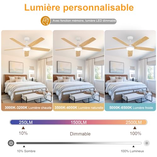 Dorlink Ceiling Fan with Light and Remote Control, 132 cm, Silent Reversible DC Motor, Ceiling Fan with Light for Bedroom, Living Room, Kitchen, Natural Wood Tint/White