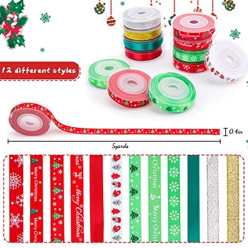 VGOODALL Christmas Ribbons, 12 Rolls x 5Yd Colorful Xmas Gift Wrapping Ribbon Metallic Glitter Craft Ribbon for Christmas Tree Gift Wrapping DIY Crafts Wreath Decoration