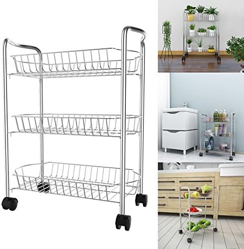 Modrine 3-Tier Wire Rolling Cart, Multifunction Utility Cart Kitchen Storage Cart on Wheels, Steel Wire Basket Shelving Trolley,Easy moving,Silver