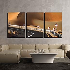 3 Piece Canvas Wall Art - Desert Road and Dunes in Liwa, United Arab Emirates - Modern Home Art Stretched and Framed Ready to Hang - 16"x24"x3 Panels