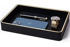 ZHEM Black Leather Valet Tray for Men| Mens Valet Catch All Trays| Bedside Organizer for Nightstand| Cologne Tray for Men| Desk Trays