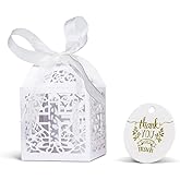 KAZIPA 50PCS Baptism Favor Boxes, 2.2''x2.2''x2.2''Laser Cut Gift Boxes for Baby Shower,First Birthday Party Christening Decorations,Candy Bag for Boy and Girl(White & 50 Thank You Tags)