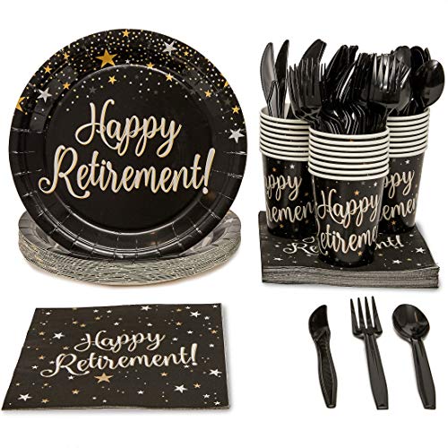 Blue Panda Happy Retirement Party Supplies Pack - Serves 24 - Includes Knives, Spoons, Forks, Plates, Napkins, and Cups