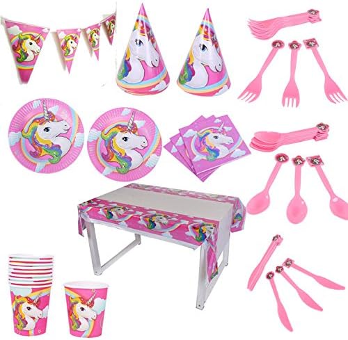Unicorn Birthday Party Supplies 32 Piece Pack by ForlifeStore includes Plates, Napkins, Cups, Cutlery, Hat, Decorations, Table Cover