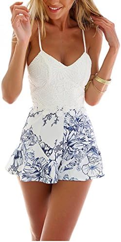 Teeta(TM)Women's Strap V-neck Backless Lace Floral Shorts Jumpsuit Rompers
