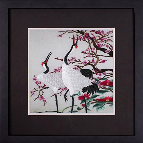 SILK ART Pure Handmade Embroidery Modern Artwork Hanging Wall Decoration Handcraft Ornamental Art Painting New Home Wedding Anniversary Gifs Japanese Cranes Under Cherry Blossoms framed SXH015A
