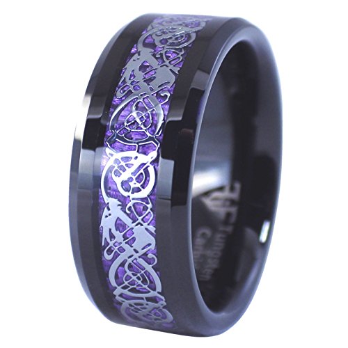 Fantasy Forge Jewelry Black Tungsten Royal Purple Celtic Dragon Ring 8mm Womens Mens Wedding Band Size 7