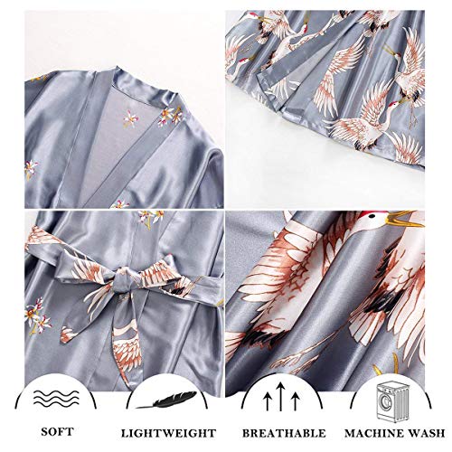 ETAOLINE Womens Satin Kimono Robe Printed Bathrobes Bridal Dressing Gown - Thumbnail 4