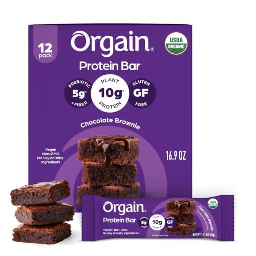 Orgain Organic Vegan Protein Bars, Chocolate Brownie - 10g Plant Based Protein, Gluten Free Snack Bar, Low Sugar, Dairy Free, Soy Free, Lactose Free, Non GMO, 1.41 Oz (12 Count)