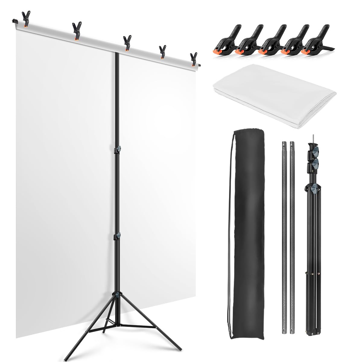 JEBUTU White Backdrop with Stand 1.5x2m (5x6.5ft), 1.5x2m White Screen Photography Backdrop Kit with 5 Clamps for Photography, Product Portrait, Video Recording, Shooting, Photoshoot