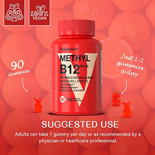 B12 Vitamins Gummies with Vitamin D - 90 Count | Vitamin D 5000 IU & Methyl Vitamin B12 1000 mcg Supplement for Energy and Immune Support - Vegan Friendly, Gluten Free - Orange Flavor (Orange)
