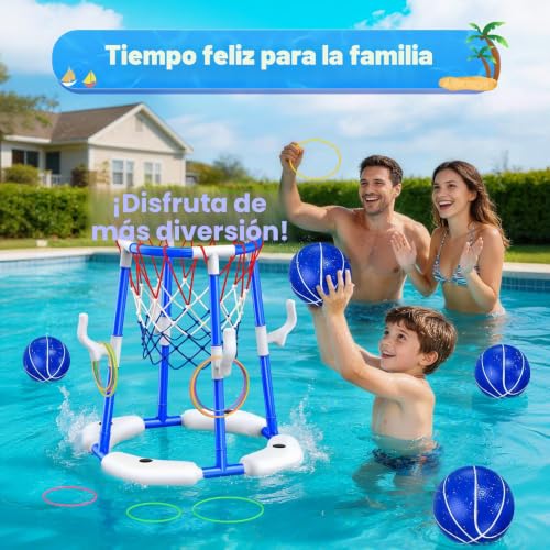 HaoVrisn Canasta de Baloncesto para Piscina, Juguetes Piscina 2 en 1, Juegos de Agua para Niños con 4 Pelotas Flotantes, 12 Anillas y Bomba, Juguete Veraniego Familiar para Fiesta en Piscina
