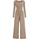 AUXDIO Women's Casual Long Sleeve Jumpsuits One Piece Crew Neck 2025 Wide Leg Pant Romper with Pocket