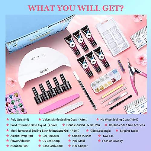 GEJRIO Poly Gel Nail Kit with UV Lamp, Poly Gel Kits with 6 Colors, Gel Base and Top Coat, Nail Art Supplies, All in One Extension Builder Gel for Nails for Professional and Beginner DIY at Home