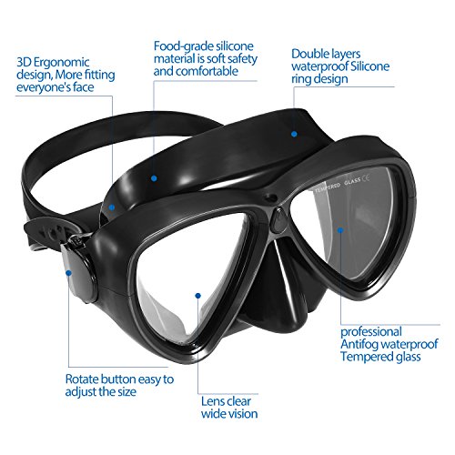 Speefish Scuba Diving Mask Snorkel Set, Anti-fog Coated Glass Goggles and Dry Top Snorkel with Free Mouthpiece for Snorkeling Freediving Swimming (Full Black) - Thumbnail 2