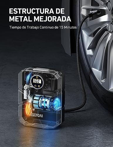 AstroAI Compresor para neumáticos de coche, bomba de aire de 10,3 bar, 12 V CC, con pantalla LCD en tiempo real, presión de los neumáticos preestablecida, desconexión automática, compresor de aire