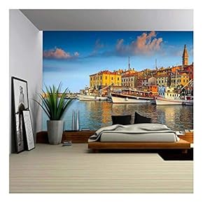 Beautiful Romantic Old Town of Rovinj and Famous Fishing Harbor with Magical Sunset,Istrian Peninsula,Croatia,Europe - Removable Wall Mural | Self-Adhesive Large Wallpaper - 66x96 inches