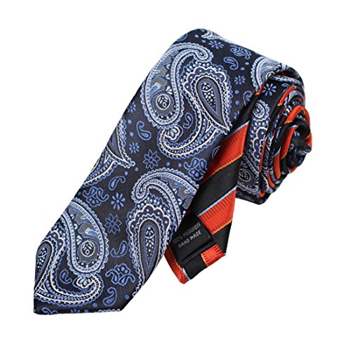 Epoint EAEF0018 Blue Paisley Microfiber Mens Tie Gift Idea For Father Black Orange Striped Double Sided Skinny Tie
