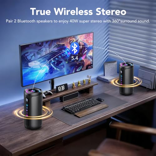 aowoka Bluetooth Speaker with Light, 20W Portable Music Box, Improved Bass, LED Display, 20 Hours Battery, Bluetooth 5.4, IPX7 Waterproof, TWS, TF Card, Speaker for Travel, Sports, Party