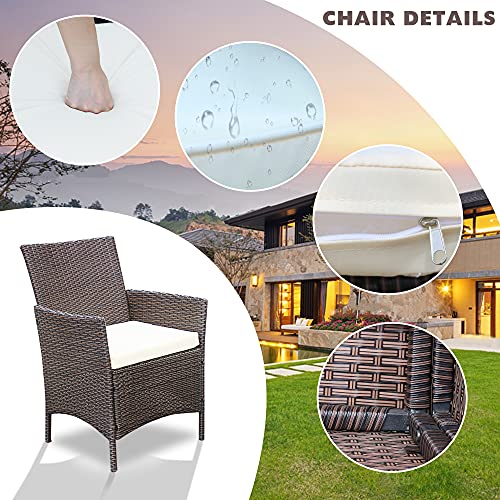 PAOLFOX Patio Conversation Furniture Sets 3pcs PE Rattan Wicker Chairs w/Table Outdoor Garden Sofa Washable Cushion & Tempered Glass Table top for Garden Poolside Balcony (Brown Sets + Beige Cushion)