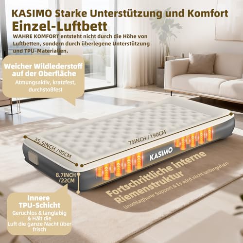 KASIMO TPU Air Mattress Self-Inflating, Air Bed for 1 Person, Guest Bed with Integrated Electric Pump, Inflatable Mattress with Cushion, Air Mattress 190 x 90 x 22 cm for Guests at Home and Camping