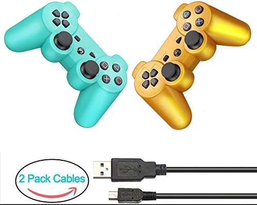 YOUCable PS3 Controller with 2 Packs Charger Cable Wireless Playstation 3 Remote Dualshock Bluetooth Gamepad (Green+Gold)