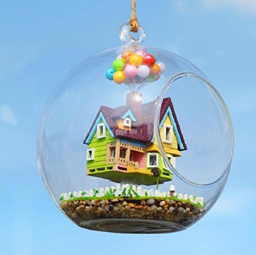 Mini House of flying in the sky , Hanging Wooden House Model, DIY Glass Ball Doll House Model,Miniature Dollhouse Toy Birthday Christmas Gift Gift