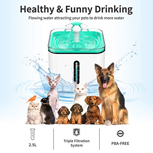 HONGDAK Pet Fountain, 84oz/2.5L Automatic Cat Water Fountain, Dog Water Dispenser with 3 Replacement Filters and 1 Silicone Mat for Cats, Dogs and Multiple Pets