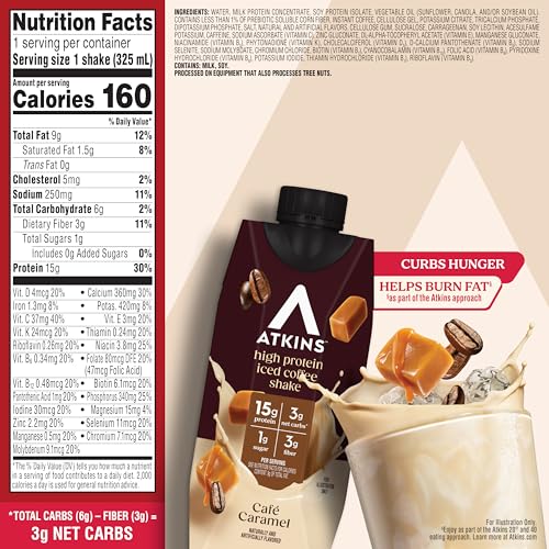 ATKINS CAFÉ CARAMEL ICED COFFEE FLAVORED PROTEIN SHAKE, HIGH PROTEIN SHAKE, LOW GLYCEMIC, LOW CARB AND LOW SUGAR, KETO FRIENDLY, GLUTEN FREE, 12 COUNT