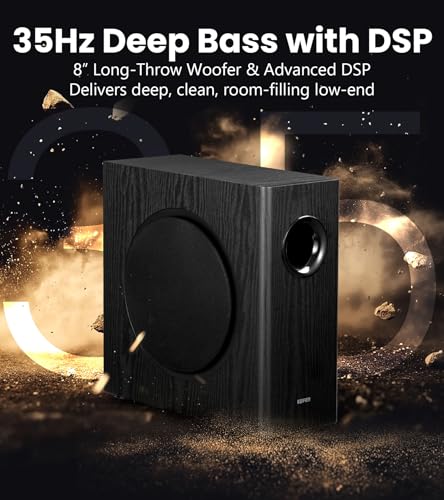Edifier T5s Powered Active Subwoofer with 70W RMS, 8" Long-Throw Woofer, Deep Bass (35Hz) Speaker, Built-in Amp, Low Distortion, Phase Selector & Energy-Efficient for Home & Studio Audio, Black
