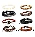 LOYALLOOK 15Pcs Braided Leather Bracelets for Men Women Wooden Beaded Bracelets Wrap Cuff Bracelets Adjustable Wing
