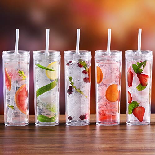 Cupture Skinny Acrylic Tumbler Cups with Straws - 18 oz, 8 Pack (Clear)