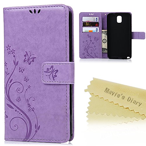 Note 3 Case,Samsung Galaxy Note 3 Case - Mavis's Diary Wallet Embossed Butterflies Flowers Design Folio Flip PU Leather with Stand Magnetic Closure Card Slot Shockproof Soft TPU Inner Cover - Purple