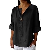 Womens Linen Tops Fashion Loose Fit V-Neck Long Sleeve One Button Blouses Dressy Casual Solid Color Tunic Shirts