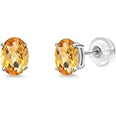 Gem Stone King 14K White Gold Yellow Citrine Stud Basket Setting Earrings For Women Men (1.40 Cttw, Gemstone November Birthstone, Oval Checkerboard 7X5MM)