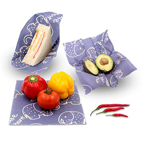 JUNMAO Reusable Beeswax Food Wraps,Cute Elephant Eco Friendly & Sustainable Plastic Free Food Storage,Natural Ingredients,Anti Bacterial,Cling Wrapper Replacement,Assorted 3 Pack