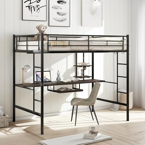 LINKHOO Full Size Loft Bed with Desk and Storage Shelf, Heavy Duty Metal Bed Fr…