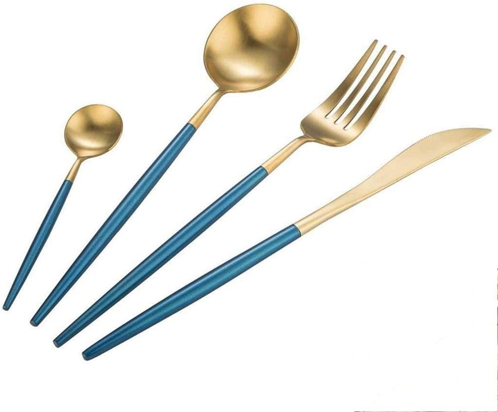 Silverware Flatware Set Stainless Steel Cutlery Set 16 Pieces 4 Service Stainless Steel Flatware Mirror Polished Knife/Fork/Spoon Dishwasher Safety (Blue +Gold)