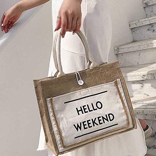 DZTZ Hello Weekend Women's Linen Handbag Large Capacity Casual Weekend Shopping Bag Tote Handbag Work Bag (L, White) - Thumbnail 2