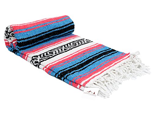Open Road Goods Teal and Coral Mexican Blanket - Authentic Mexican Falsa Serape - Great Yoga Blanket, Beach Blanket, Picnic Blanket, or Mexican Style Home Throw! Handwoven