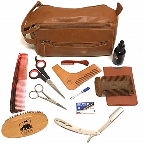 GBS Men s Deluxe Beard Grooming Gift Set - Travel Bag, Barber Shavette Razor, Shaping Tool, Dual Action Beard Comb, Unscented Beard Oil, Beard Brush, Trimming Scissors, Ear Nose Scissor + Accessories