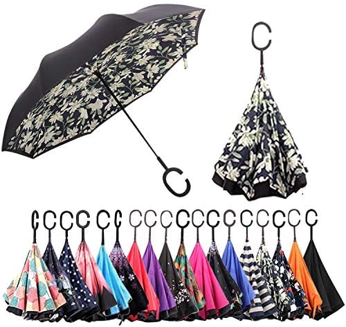 Hoyst Double Layer Inverted Umbrellas Inside Out Umbrella UV Protection Upside Down Umbrella for Rain With C-Shaped handle for Car Outdoor No Wet Mess (Lily)