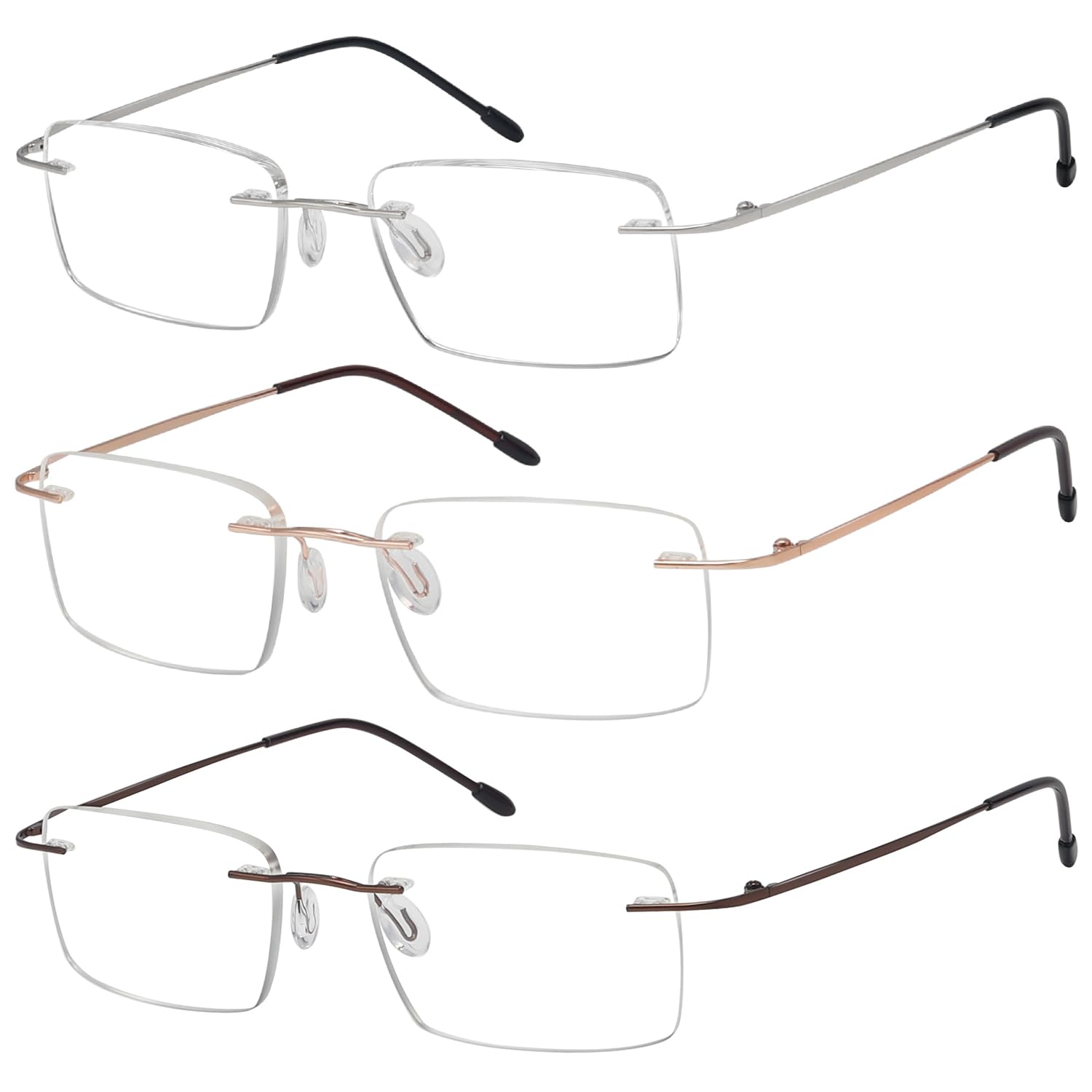 Eyekepper 3-Pack Rimless Metal Reading Glasses for Men - Rectangle Frameless Readers (Brown/Sliver/Gold)+2.50