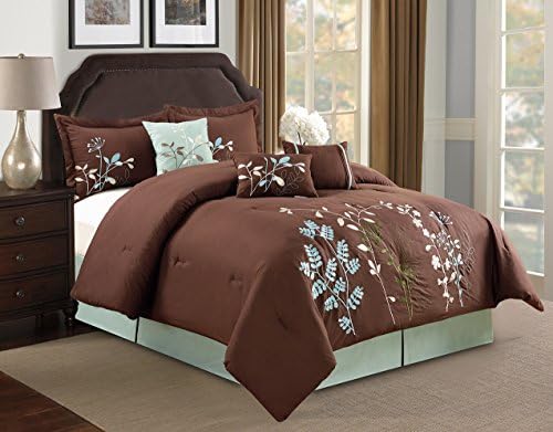Modern 7 Piece Bedding Coffee Brown / Blue Floral QUEEN Comforter Set with accent pillows