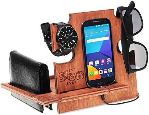 Docking Station, Gift for Son, Gift for Him, Charging Station, Gift for Men, Christmas Gift, iPhone & Android Dock, Desk Organizer, Wooden Docking Station, Docking Station Best Son (2- Walnut)