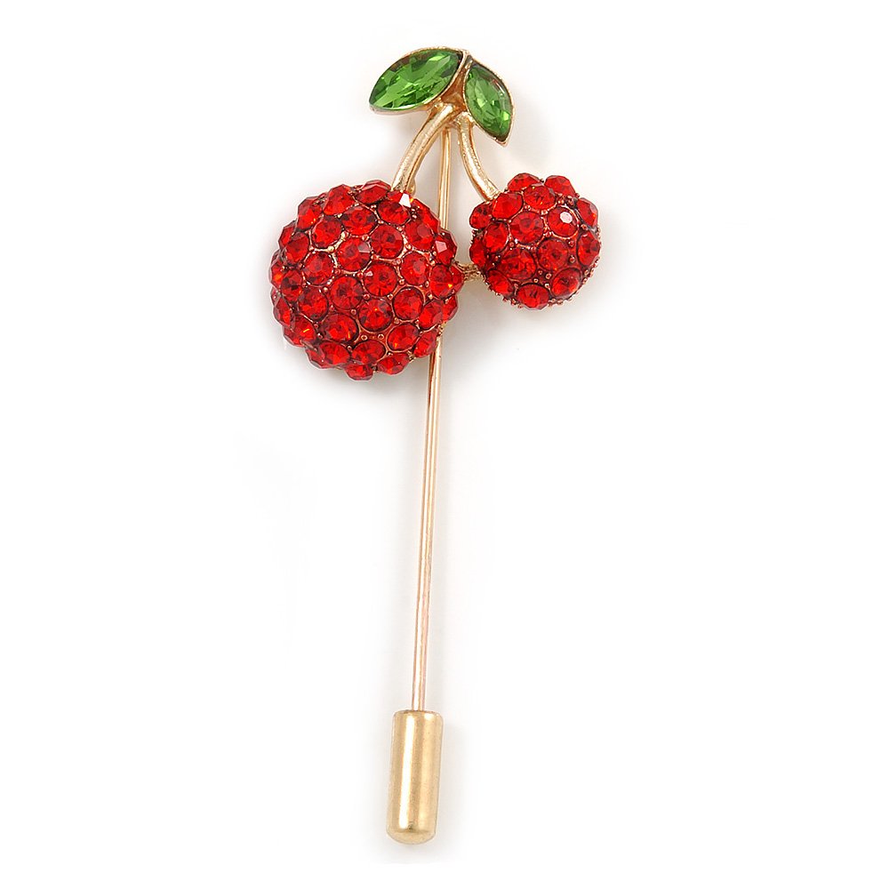Gold Tone Red Crystal Green Enamel Cherry Lapel, Hat, Suit, Tuxedo, Collar, Scarf, Coat Stick Brooch Pin - 63mm Long