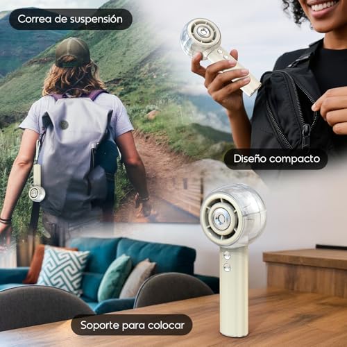Dnenellr Portable Fan with Nebulizer, USB Rechargeable Mini Fan, Powerful Turbo Motor, 6000mAh Battery, 4 Speed, for Travel, Beach and Outdoor Use, Gift for Women and Men (Beige)