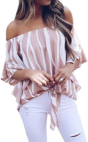 YOMISOY Womens Off Shoulder Tops Summer Bell Sleeve Striped Sexy Knot Tie Chiffon Blouses