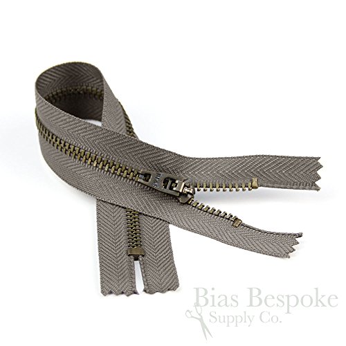 Set of 12 Pants Zippers, 11", Antique Brass Teeth and Rhino Gray Tape, Bias Bespoke Brand